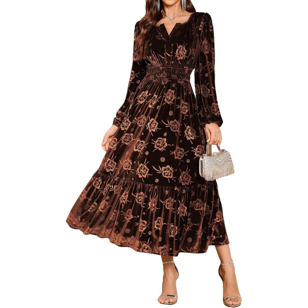 Charming Long Sleeve Velvet Dress For Women V-Neck Formal Wedding Guest Style
